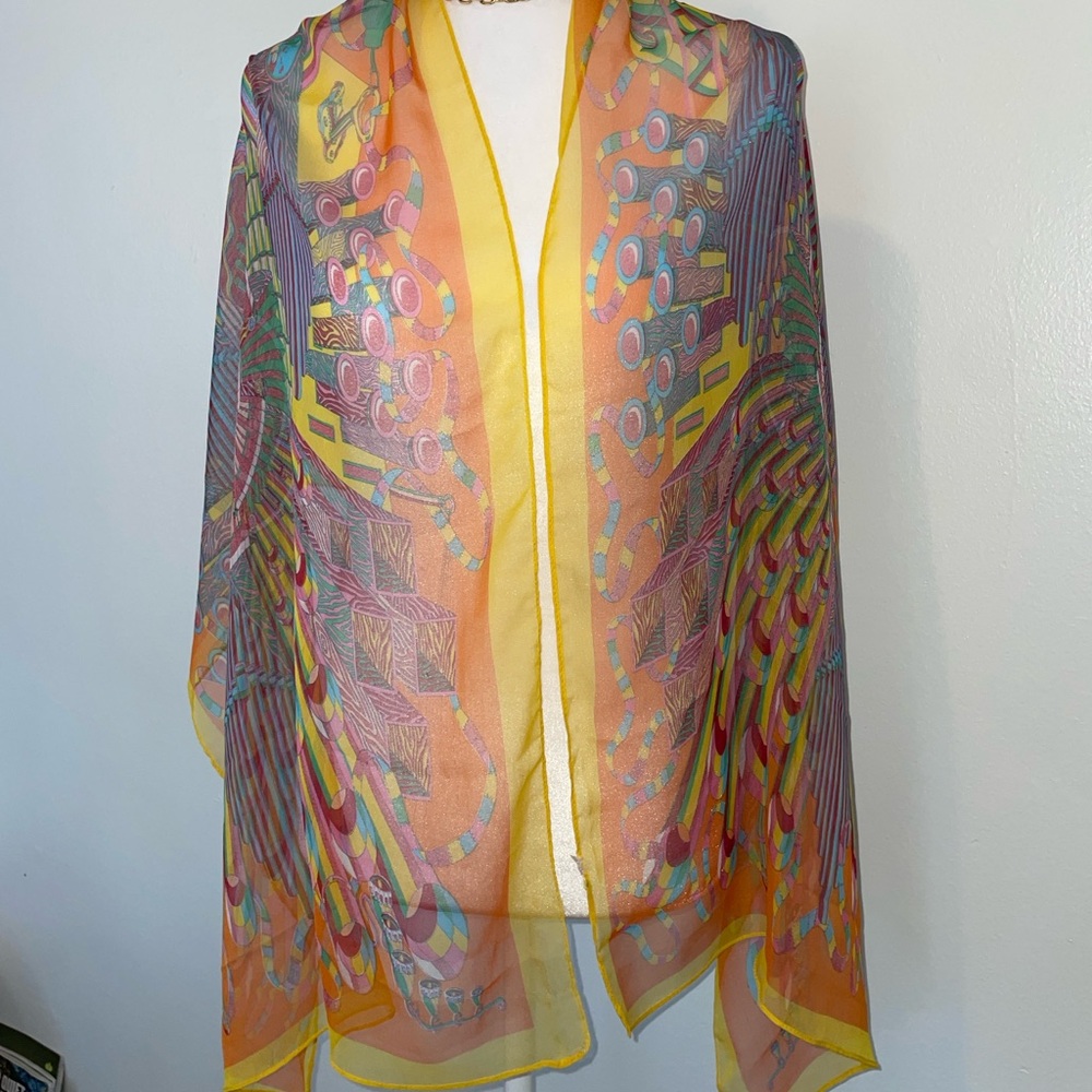 Colorful Patterned Long Orange Transparent‎ Spring Silk Modal Scarf 63” x 21” - Picture 3 of 8